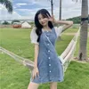 Thin summer dress with waist cinched denim short sleeved first love dress sweet lace patchwork loose collarbone for beauty 210525