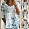 Women's Blouses Women Summer T-shirt Flower/Leaf Printing Pullover Big Hem Lady Blouse Pleated O Neck Female Top Clothes