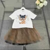 Top baby clothes kids tracksuits summer Princess dress Size 100-150 CM girls Cartoon cat pattern T-shirt and Lace skirt 24Mar