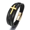 Bangle Light Luxury Fashion Multi-layer Genuine Leather Hand-woven Cross Charm Bracelet For Men Magnetic Clasp