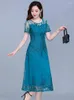 Sıradan elbiseler mavi şifon örgü Kore uzun elbise yaz kadınlar 2024 tunikler midi moda zarif balo akşam kısa kollu