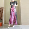 カジュアルドレスシックな弓プリントドレス女性クリエイティブデヴィセスプリットショートスリーブ夏のファッションスキニーストレッチボディーコンホッティクラブウェア