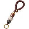 Handmade Vintage Woven Rope Keychain DIY Key Pendant Accessories Auspicious Cloud Pattern Black Wood Beaded Ethnic Lucky Jewelry