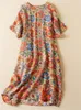 Plus Size Summer Vintage Floral Dress Casual Loose Ladies Cotton Linen Print Dresses Woman Flower Pullover Midi 240506