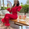 Womens Sleepwear Trendy Women Pajamas Set Autumn Casual Lapel Tops Add Feather 2Pcs Pants Suits Y Lingerie Nightwear Silk Satin Pyjama Dhye5