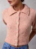 レディースニット女性ウールブレンドハーフスリーブニットカーディガンピンクまたはグレーシングル胸のスリムトップスリムトップターンダウンカラーショートセーター