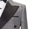 メンズスーツセンヌデグローム2024男性用エレガントなグレータキシードダブル胸肉ブラックサテンカラージャケットパンツ2 PCSセットウェディング