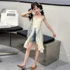 ベスト女の赤ちゃん2024夏のベストトップバケーションロングシャツトップカーディガンウールセーターレースプリーツ4〜16L240502の子供用衣類の不規則な裾のベスト