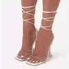 Turuncu Sandalet Kadınlar Rhinestone Suqare Toe Çapraz Bağlı Dantel Yukarı Stiletto Yaz Ayakkabıları Yüksek Topuklular Elbise 25c0