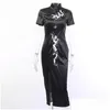 Basic Casual Dresses Chinese Stand Collar Gothic Dress Emboridery Dragon Qipao Black Red Vintage Evening Party Long Robe Cheongsam Y D Dhynl