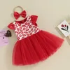 Mädchenkleider Baby Mädchen Valentinstag Kleid Kleides Kleid mit kurzärmeligem lippengedruckten Mesh Eye rotes Kleid Stirnband Set für Kinderkleidung D240515