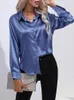 Kvinnors blusar White Satin Blue Women Business Shirts 2024 Autumn Casual Lapel Long Sleeve Blue Office Shirt Woman Elegant Silk Button Up