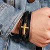 Bangle Light Luxury Fashion Multi-layer Genuine Leather Hand-woven Cross Charm Bracelet For Men Magnetic Clasp