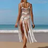 Sexy 2024 Crochet Bikini Cover-Up Hollow Out Dress Women Summer Beachwear Swime Pater Through Tassel Up Woman Swimear