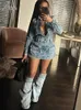 Joskaa Blue Denim 3 Piece Set Women Sexy Lapel Button Long Sleeve Mini Dress and Trousers Leg Matching Fall Streetwear 240514