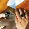 Real 925 Sterling Silver Vintage Rings For Men Natural Black Onyx Stone Square Shape Hollow Cross Flower Carved Punk Jewelry 240509