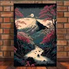 Vintage Japanese Village Fuji Mountain Cherry Blossom Landscape Posters Canvas Painting Aesthetic Wall Art For Room Home Decor