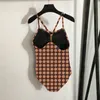 Klassisk tryckt baddräkter kvinnor designer brev bodysuits bikini sexig rygglös en bit badkläder sommarstrand simning kostym