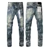 Erkekler için Mor Kot Pantolon Yığın Pantolon Biker Nakış Yırtıcı Moda Sıkıntılı Yüksek Sokak Kot Poru Hommes Hip Hop Rock Deliği Ücretsiz Nakliye