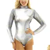 Kvinnors formare Kvinnor Korean Fashion Yoga Sports Jumpsuits Mock Neck Long Sleeve Leotard Bodysuit Shiny Metallic Leather Romp Dhqof