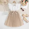Girl's Dresses Summer casual childrens dress childrens clothing pleated dress for ages 7 to 12 sleeveless high waisted princess dress with belt d240515