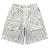 Heren jeans 2024 retro vuile noodlijdende werkkleding shorts zomer los rechte afval bodemstijl casual vijfde broek