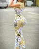 Zomer dames barokke basale casual jurken sexy mode v-neck mouwloze gouden bloemen print gewikkeld heup lange jurk