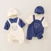 Overalls 3-24M newborn cartoon clothing baby girl boy jumpsuit cute bear cotton soft baby jumpsuit with knitted hat d240515