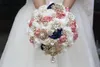 Wedding Flowers Janevini Bling Rhinestone ciemnoczerwone bukiety ślubne sztuczne satynowe róży akcesoria bukiet de fleae Mariage