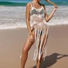 Sexy 2024 Crochet Bikini Cover-Up Hollow Out Dress Women Summer Beachwear Swime Pater Through Tassel Up Woman Swimear