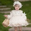Flickans klänningar flickor festklänning prinsessan lolita 6m-10t snäv spets tutu barns tjej första födelsedag bollklänning Peter pan krage+pannband D240515