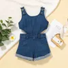 Overalls 1-4 Jahre Kinder-Denim-Spielanzuhren Baby Girls Sommerkleidung Feste Farbhülse hohle Kurzarm-Overallmädchen Ganzkörper D240515