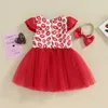 Mädchenkleider Baby Mädchen Valentinstag Kleid Kleides Kleid mit kurzärmeligem lippengedruckten Mesh Eye rotes Kleid Stirnband Set für Kinderkleidung D240515