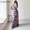 カジュアルドレスMaryyimeiファッション女性2024年春のバラ印刷された自由ho放なvネックの長袖パーティーフロアレングス長いドレス