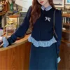 Rokken gebreide trui 2-delige set dames revers bijgesneden lange mouw vest en a-line rok sets vrouwelijke gebreide kleding Korea outfits