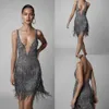 Berta 2020 seksowne sukienki koktajlowe Tassel krótki spaghetti v szyja bez pleców z koralikami suknie balowe iluzja luksusowe formalne sukienki wieczorowe 189b