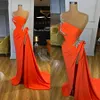 Orange Evening Dress Long Formal 2022 One Shoulder Beaded with High Slit Arabic Dubai Women Prom Dresses Evening Gowns 0316 331R