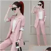 Dames Tweede stuk broek Set voor Dames Professionele broek Pak Blazer en 2 Pant Sets Top Outfit Wear to Work Office Pink Drop Deliv Dhwnu