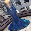 Festklänningar Fullständiga paljetter Reflekterande sjöjungfrun Blue Afton Dress Pärlor Strömmen Långärmad formell promklänningar med tofsar sveptåg