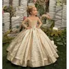 Gold Flower Girl Dress Princess Illusion Sleeve z kokardkami soczysty spódnica urodziny