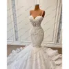 Echte afbeelding Beading Pearls Mermaid -jurken Pretty Spaghetti Strap Appliques Lace Long Bridal Dress Zipper Back Wedding Go