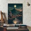 Vintage Japanese Village Fuji Mountain Cherry Blossom Landscape Posters Canvas Painting Aesthetic Wall Art For Room Home Decor