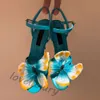 Sällsynt fjäril Blue Sandal Heels Kvinna Luxur Designer Dress Shoes Yellow Bow Stiletto Heel Fashion Wedding Party Ankel Evening Shoes 10cm Factory Factwear With Box