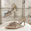 Caovilla Lace Heels Crystal Sandalsラインストーンかかとデザイナーダイヤモンドヒールレディールヒールラグジュアリーラインストーンリングウェディングバックストラップシューズ7.5cmスティレットヒール