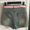 Pink Letter Short Jeans Women Fashion Classic Denim Belt denim Shorts Sexig hög midja fransar jeans