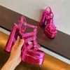 Damer 2024 kvinnor äkta riktiga patent läder sandaler chunky 14 cm höga klackar sommar 5 cm plattform fyrkantig huvud casual peep toe bröllop smal band spänne bee1