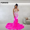 Robes de fête Sexy Fuchsia Prom For Girl Black Girl Rinestone Velvet Robes de sirène Vestidos de cou transparent