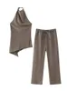 Willshela Women Fashion Two -Piece Set Brown Ploeged Halter Neck Tops Straight Pants Vintage Female Chic Lady Pants Suit 240515