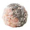 Wedding Flowers Janevini 2024 luksusowe fioletowe kwiaty ślubne druhny Bukiet ręcznie robione jedwabne róże Bling Rhinestone Fleur Mariage