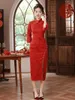 Casual Dresses Spring Autumn Cheongsam Red Slim Fit Long Qipao Fashion Elegant Chinese Style Traditional Dress Velvet Lace Banquet Gown